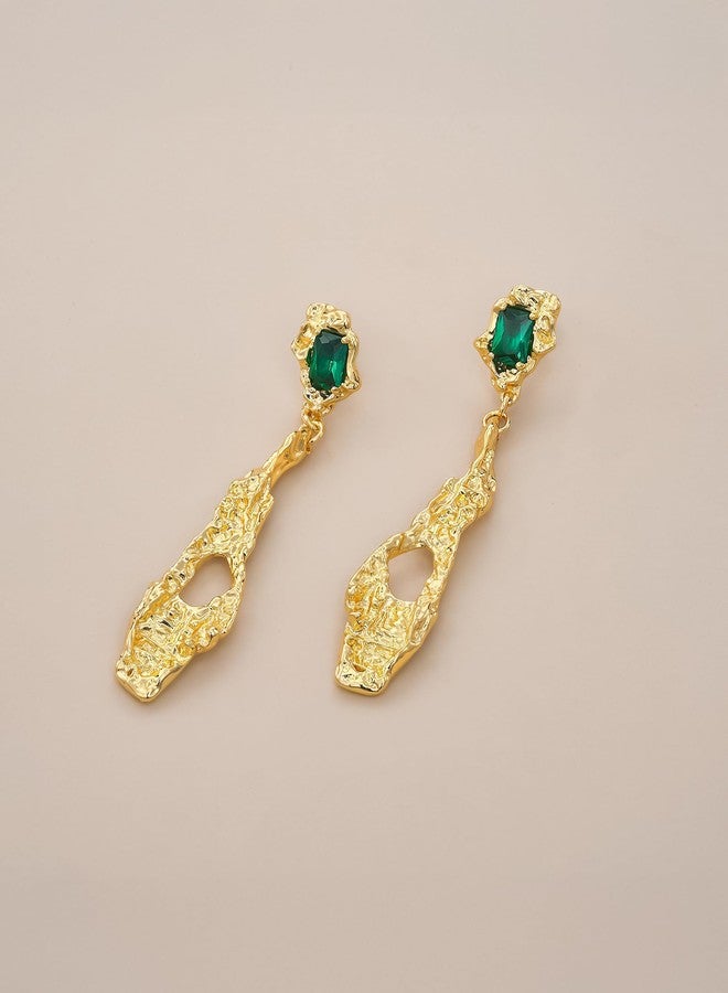 SNGIA 18K gold plated Abstract Long Chunky Vintage Boho Dangle Hammered Statement Earrings with Rectangle Green Emerald Gemstone by SNGIA, Bold Geometric Drop Handmade Exaggerated Irregular Trendy Bohemian Charm Chandelier Jewelry Gifts, Unique Dangling Teardrop Baroque Stone Summer Beach Fashion Accessories, Waterfall Vintage Thick Circular Nickle Free Huggies Hoop Earring. - Image 3